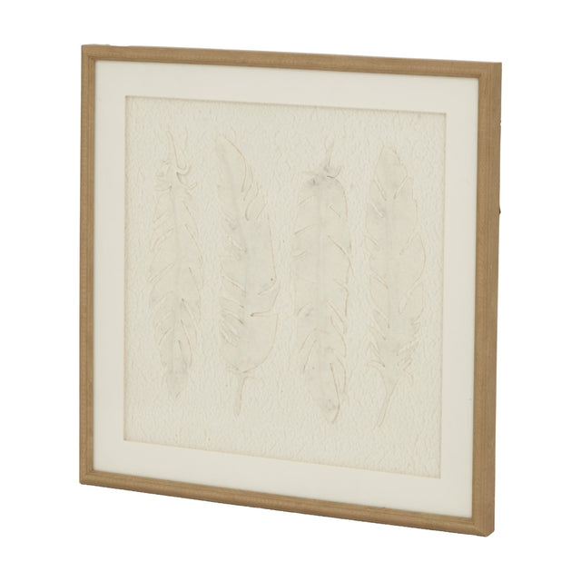 Hill Interiors White Feathers framed wall art with four embossed feather motifs on textured cream paper set in a square light wood beaded frame.