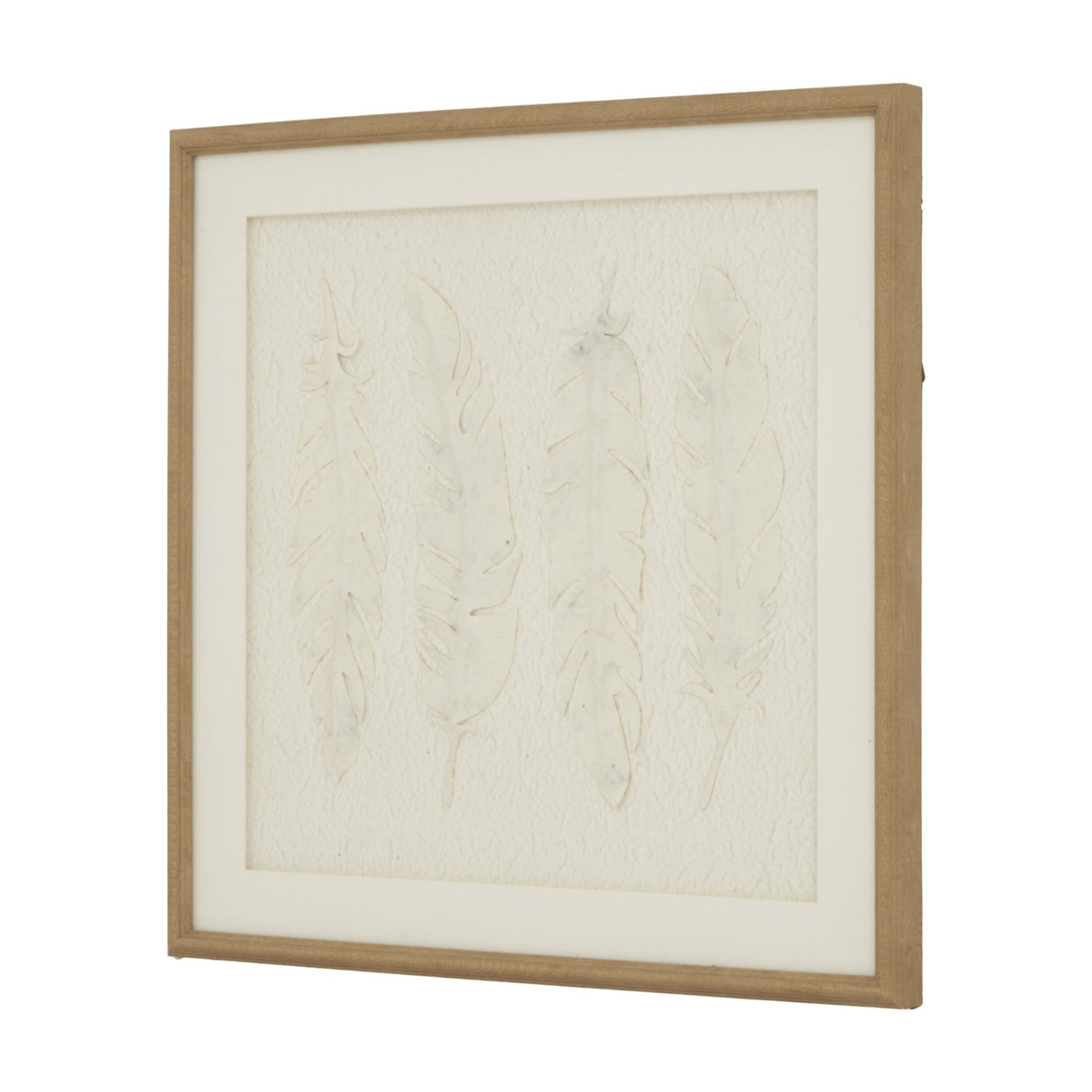 Hill Interiors White Feathers framed wall art showing four pale feather motifs on textured cream paper within a square beaded wood frame.