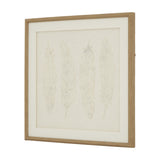 Hill Interiors White Feathers framed wall art showing four pale feather motifs on textured cream paper within a square beaded wood frame.