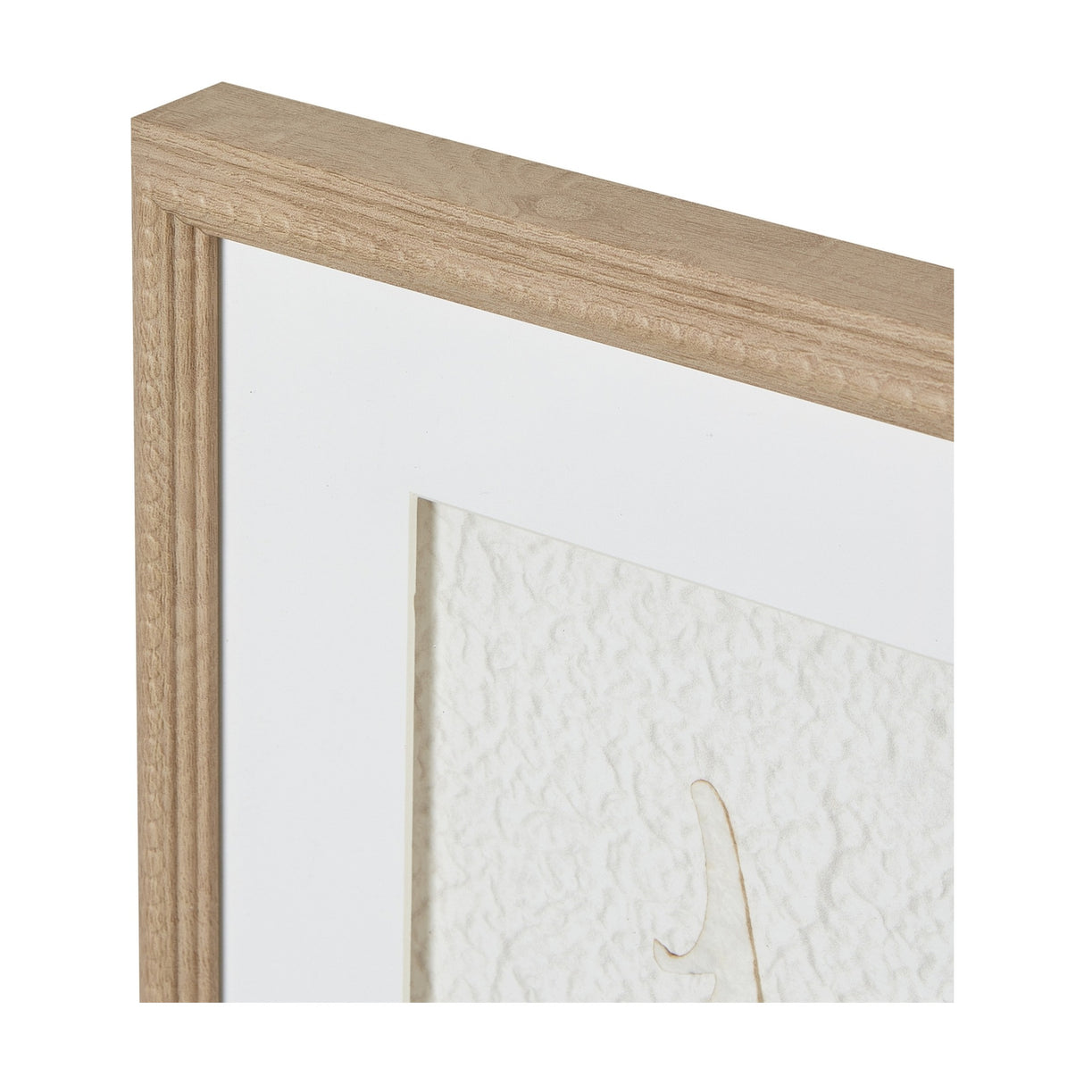 Close-up of the Hill Interiors White Feathers framed wall art corner, showing the light wood beaded moulding, white mat and textured feather print.