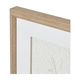 Close-up of the Hill Interiors White Feathers framed wall art corner, showing the light wood beaded moulding, white mat and textured feather print.