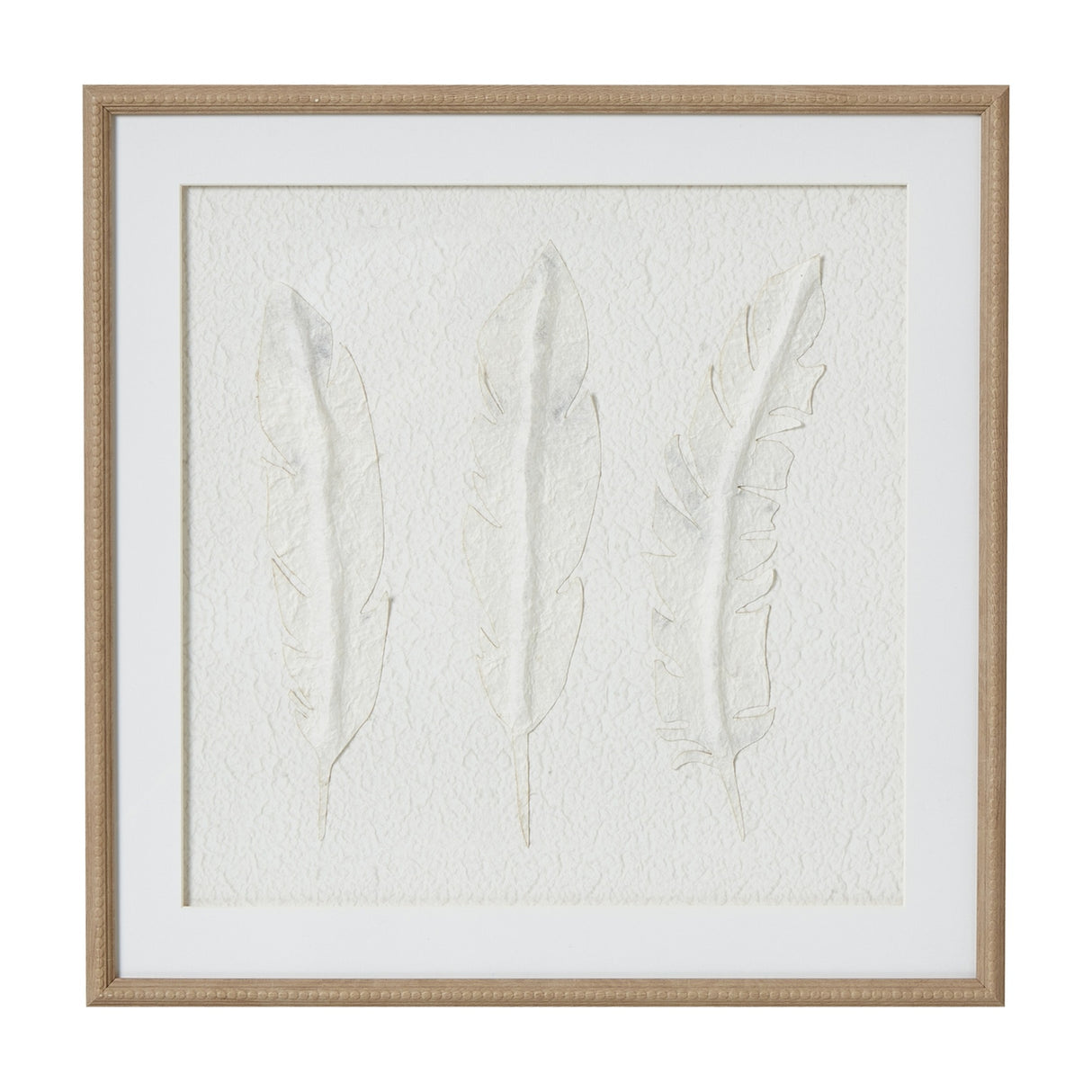 Hill Interiors White Feathers framed wall art with three delicate feather forms on textured pale paper set in a square beaded wooden frame.