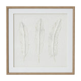 Hill Interiors White Feathers framed wall art with three delicate feather forms on textured pale paper set in a square beaded wooden frame.