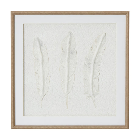 Hill Interiors White Feathers framed wall art with three delicate feather forms on textured pale paper set in a square beaded wooden frame.