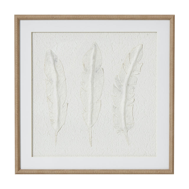 Hill Interiors White Feathers framed wall art with three delicate feather forms on textured pale paper set in a square beaded wooden frame.