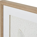 Close-up of the Hill Interiors White Feathers wall art corner showing the white beaded wooden frame, white mount and textured pale feather print.