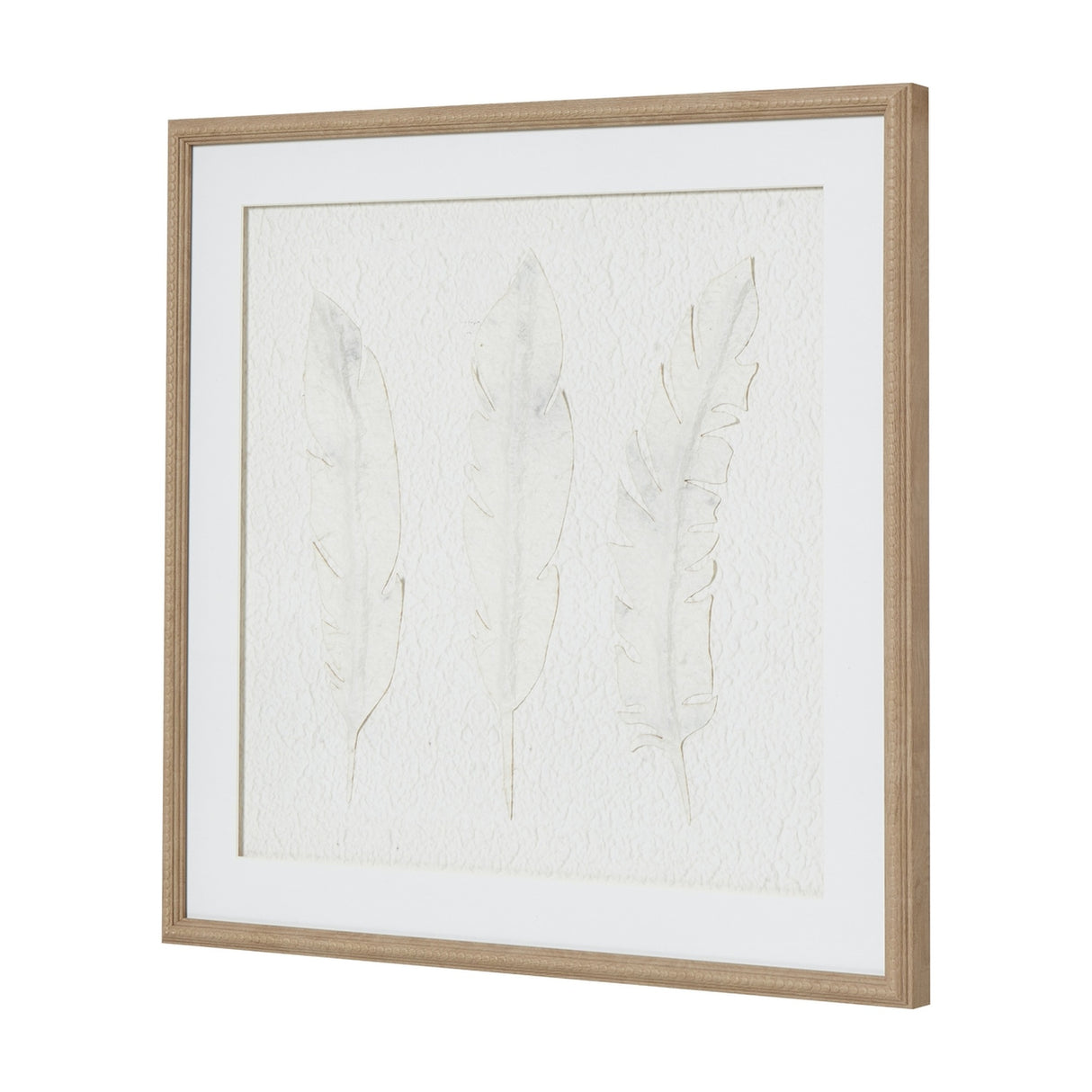Hill Interiors White Feathers framed wall art with three pale feather designs on textured paper set within a beaded white-washed wooden square frame.