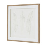 Hill Interiors White Feathers framed wall art with three pale feather designs on textured paper set within a beaded white-washed wooden square frame.