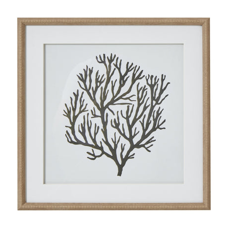 Hill Interiors Coral Art wall print in warm orange tones within a beaded light wood frame, glass front and white mount, on a plain background.
