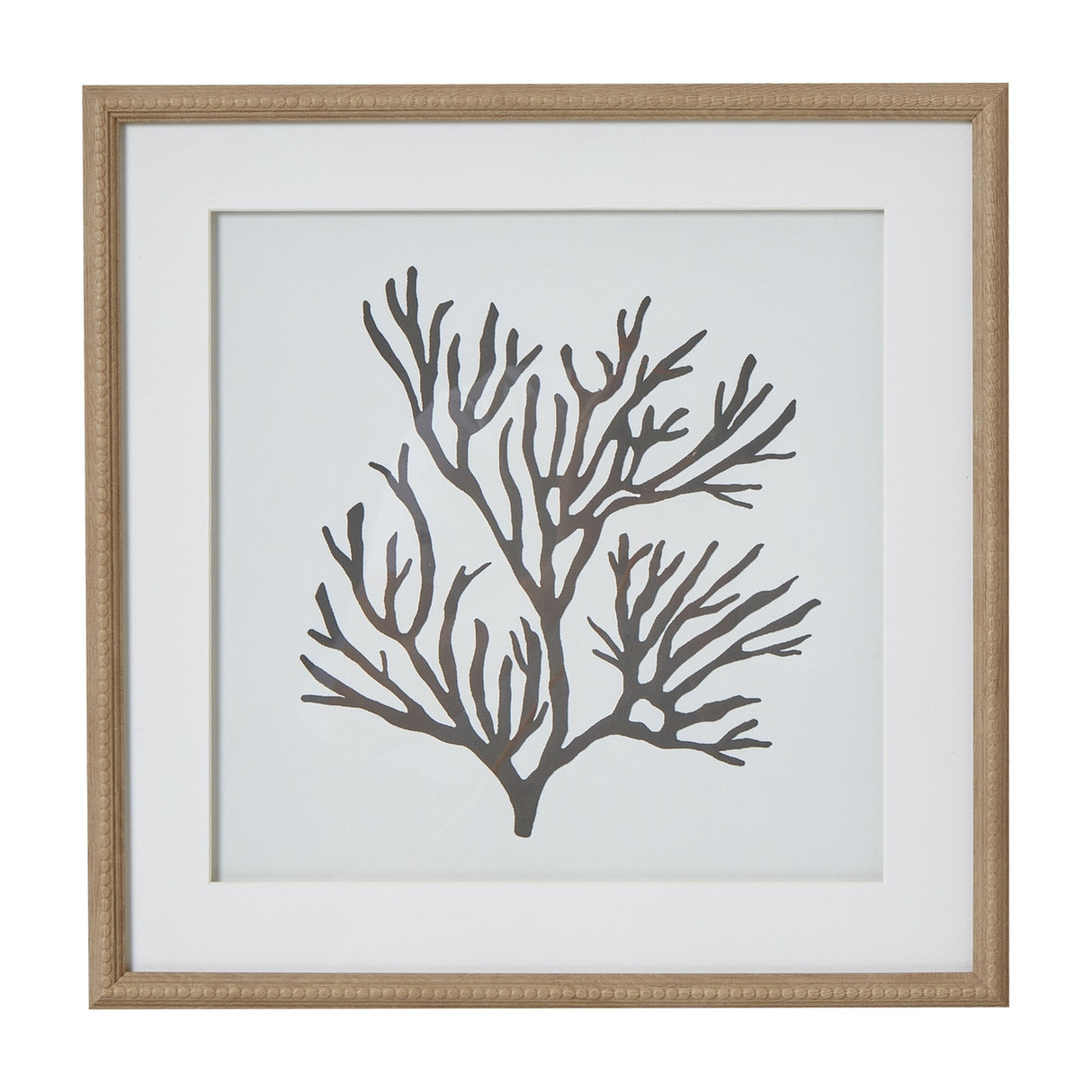 Hill Interiors Reef Coral framed wall art with a branching coral print behind glass, set within a square beaded wooden border frame.