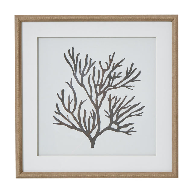 Hill Interiors Reef Coral framed wall art with a branching coral print behind glass, set within a square beaded wooden border frame.