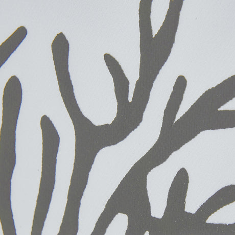 Close-up of Hill Interiors Reef Coral framed wall art showing branching coral print in grey tones behind a glossy glass front on a white background.