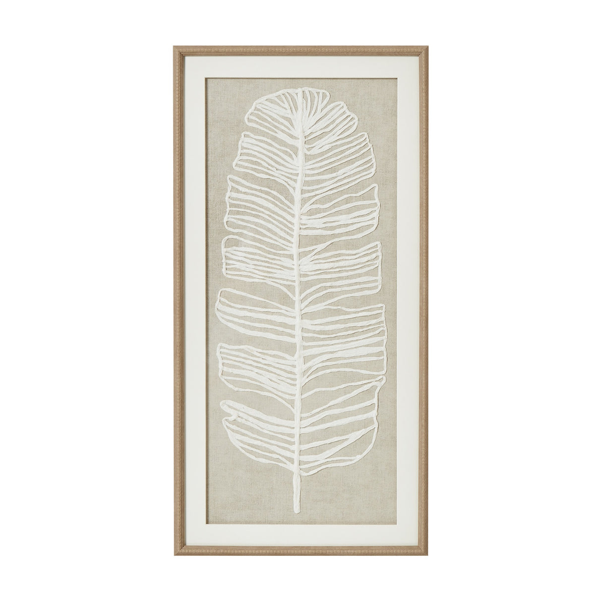 Hill Interiors Large Feather Wall Art in portrait beaded wooden frame, showing a white feather design on neutral linen background behind glass.