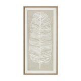 Hill Interiors Large Feather Wall Art in portrait beaded wooden frame, showing a white feather design on neutral linen background behind glass.