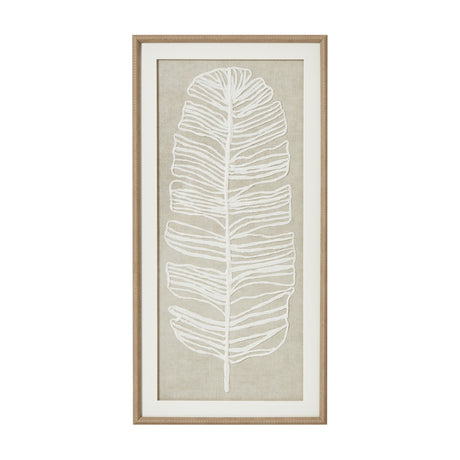 Hill Interiors Large Feather Wall Art in portrait beaded wooden frame, showing a white feather design on neutral linen background behind glass.