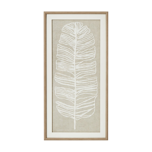 Hill Interiors Large Feather Wall Art in portrait beaded wooden frame, showing a white feather design on neutral linen background behind glass.