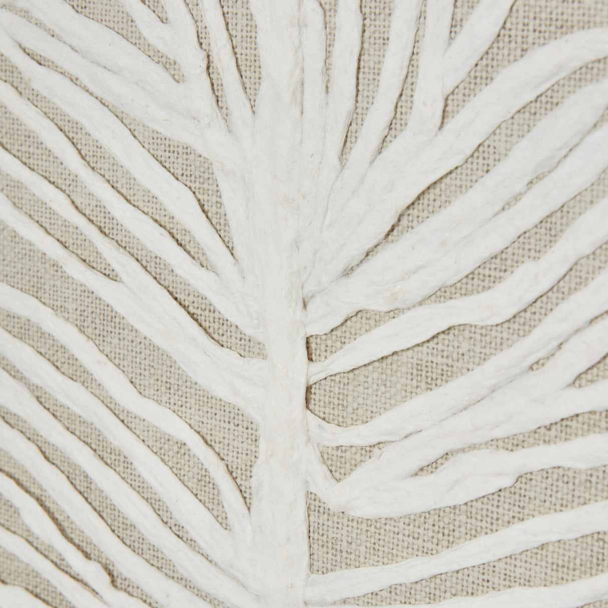Close-up of Hill Interiors Large Feather Wall Art showing the raised white feather detail with textured barbs against a woven linen-look backing.