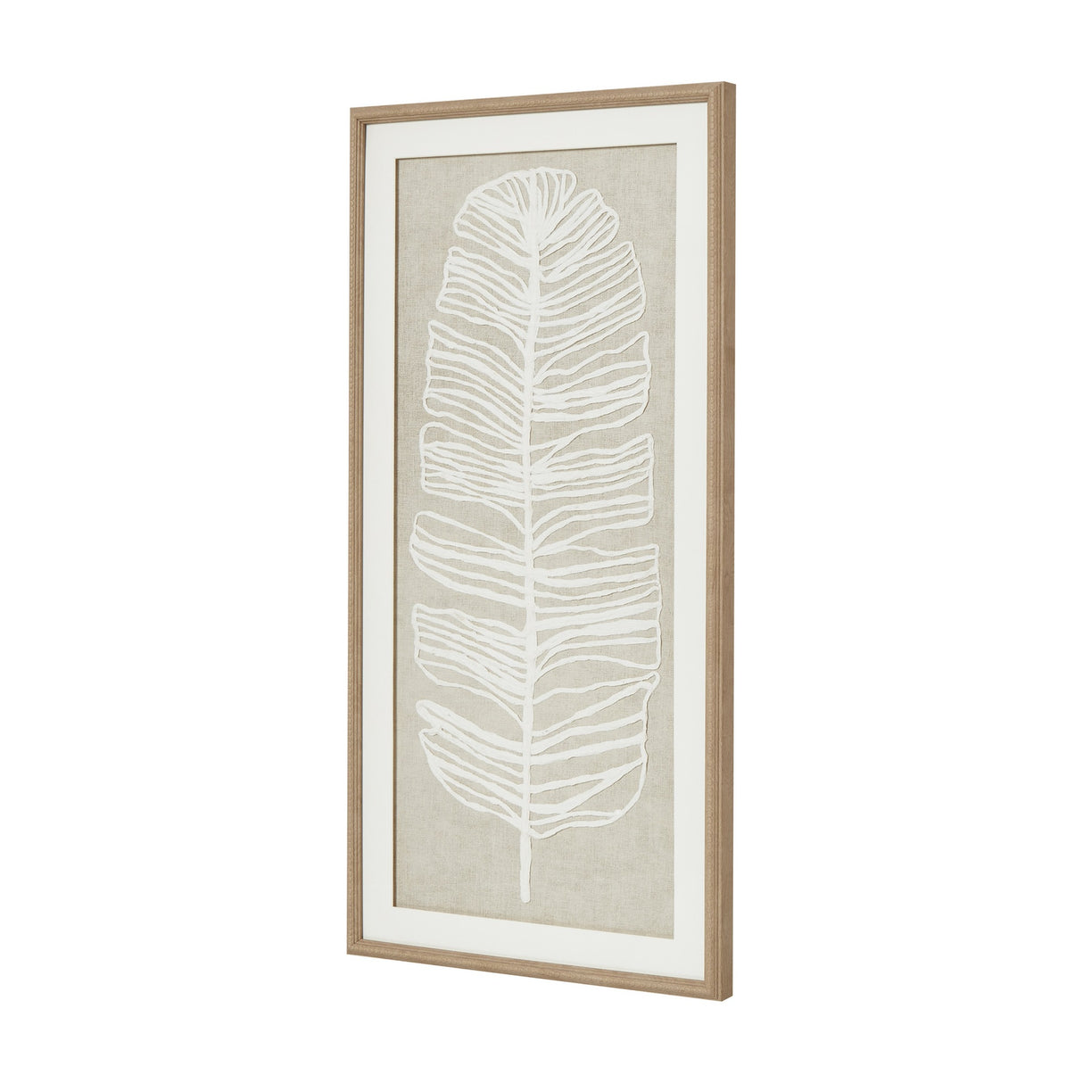 Hill Interiors Large Feather Wall Art with white feather design on linen backing, set behind glass in a portrait beaded wood frame.