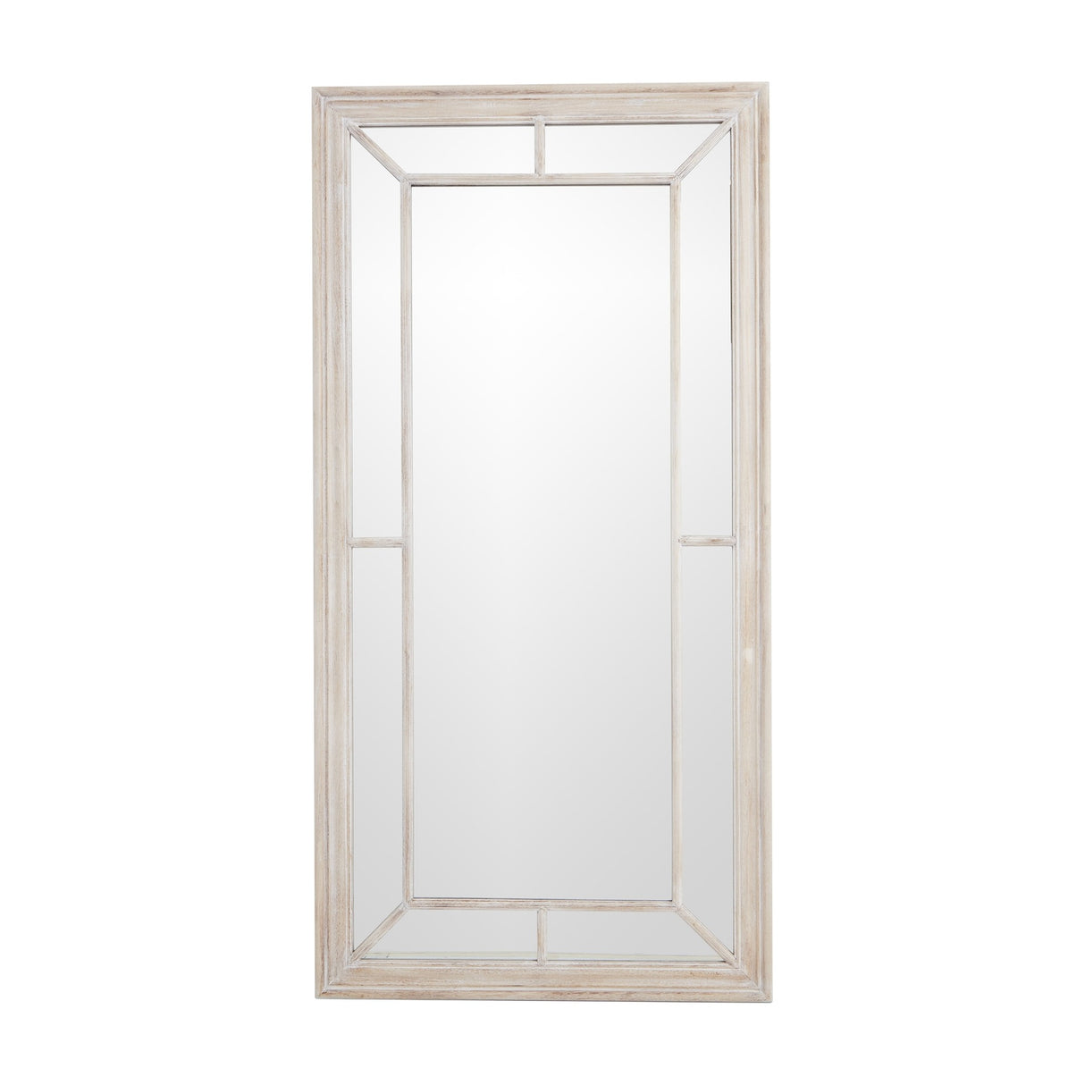 Hill Interiors Large Washed Wood Framed Window Mirror in brown, a tall rectangular wall mirror with multi-pane glazing bars, shown on a white background.