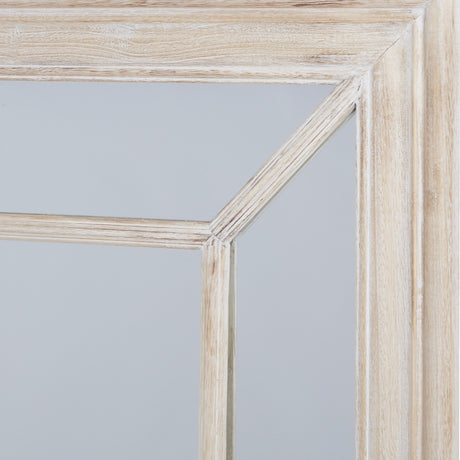 Close-up of Hill Interiors Large Washed Wood Framed Window Mirror in brown, showing the corner joinery and grain of the weathered timber glazing bars.