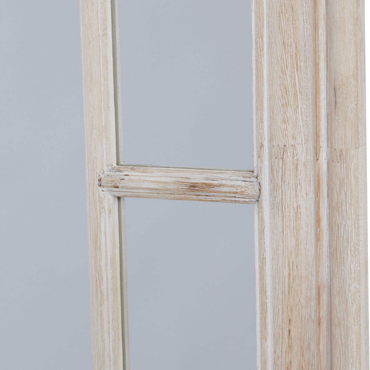 Close-up of Hill Interiors Large Washed Wood Framed Window Mirror in brown, showing the grain and glazing bar detail against a plain background.