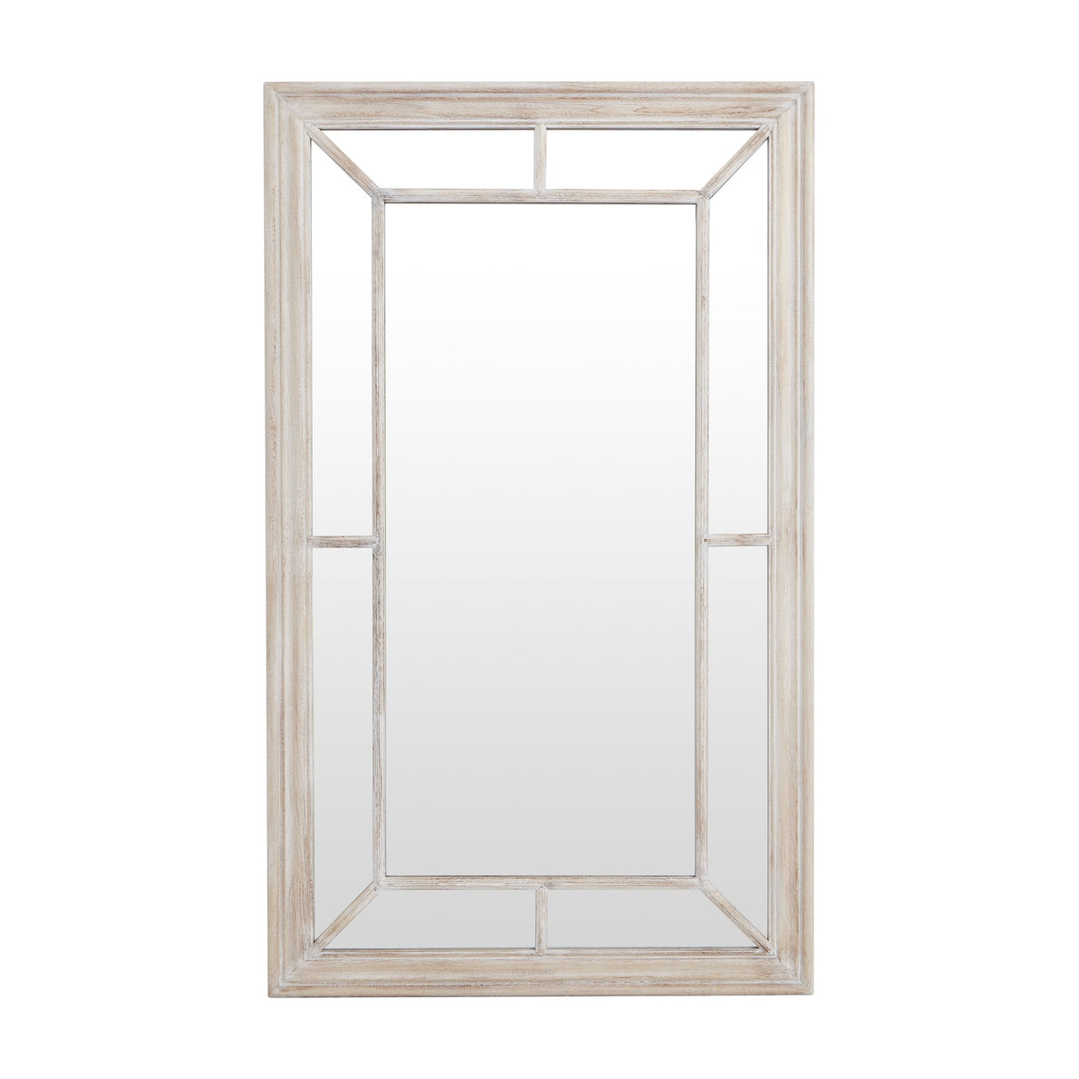 Hill Interiors Washed Wood Framed Window Mirror in brown, a tall rectangular wall mirror with window-pane divisions and soft wood grain, on a white background.