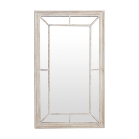 Hill Interiors Washed Wood Framed Window Mirror in brown, a tall rectangular wall mirror with window-pane divisions and soft wood grain, on a white background.