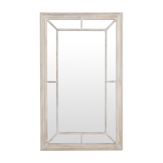 Hill Interiors Washed Wood Framed Window Mirror in brown, a tall rectangular wall mirror with window-pane divisions and soft wood grain, on a white background.