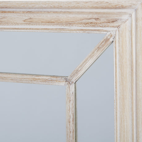 Close-up of the Hill Interiors Washed Wood Framed Window Mirror in brown, showing the corner joint, pane divider and softly washed wood grain finish.