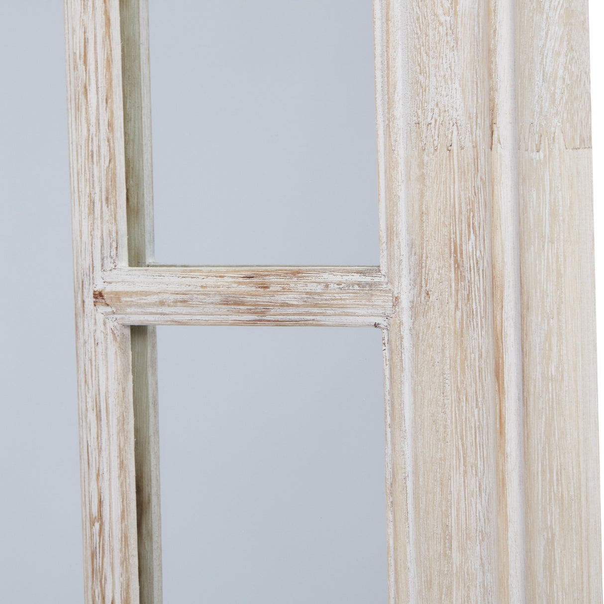 Close-up of the Hill Interiors Washed Wood Framed Window Mirror in brown, showing the pane divider and natural grain of the washed wood frame.