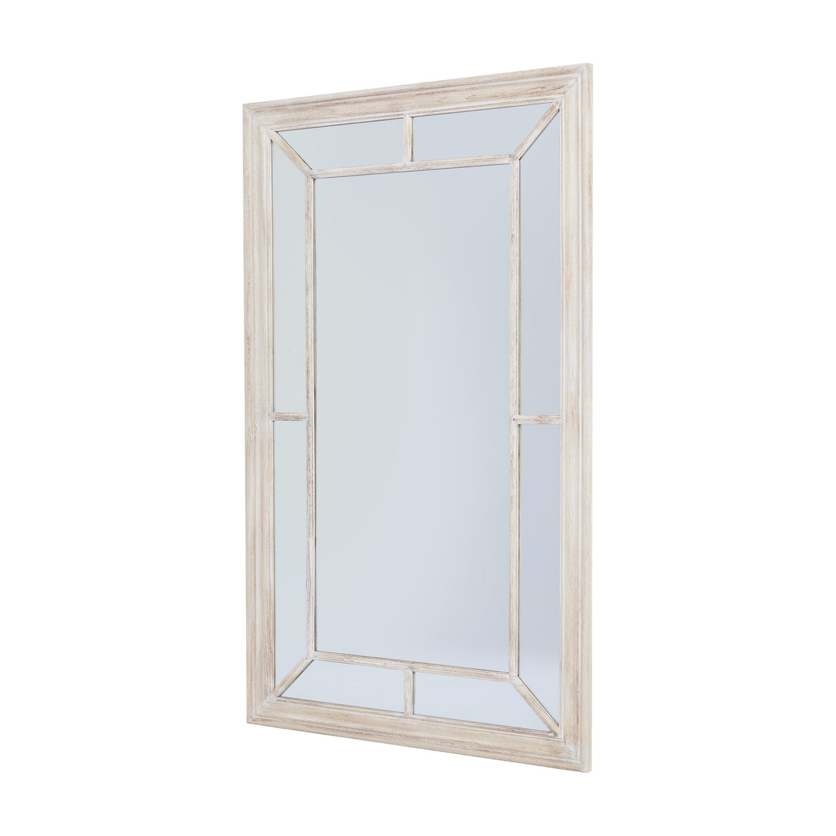 Hill Interiors Washed Wood Framed Window Mirror in brown, a large rectangular wall mirror with pane-divided glass and soft grain finish, angled view.