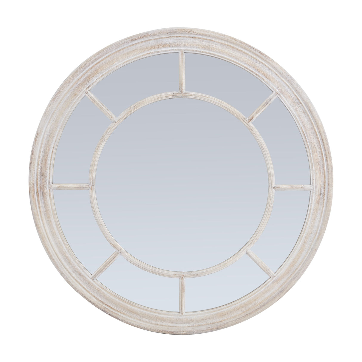Hill Interiors Washed Wood Framed Round Mirror in brown with segmented panel design and matte timber finish, shown on a plain white background.