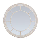 Hill Interiors Washed Wood Framed Round Mirror in brown with segmented panel design and matte timber finish, shown on a plain white background.
