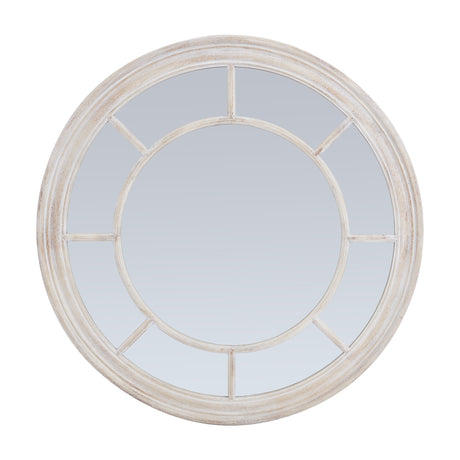 Hill Interiors Washed Wood Framed Round Mirror in brown with segmented panel design and matte timber finish, shown on a plain white background.