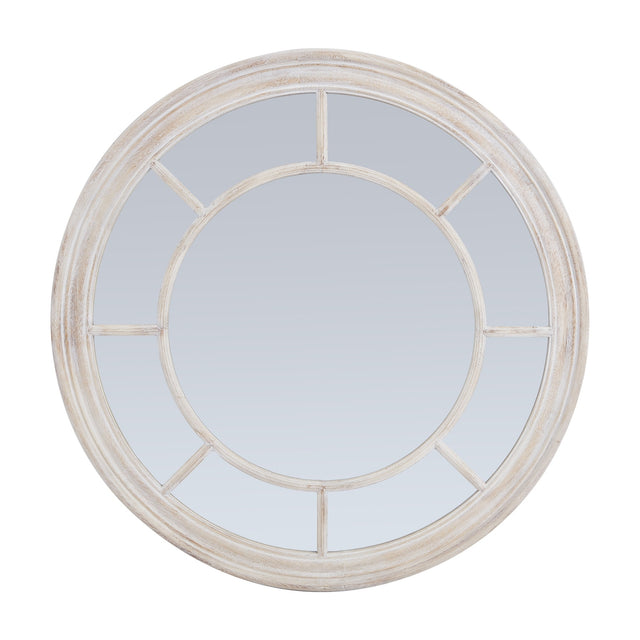 Hill Interiors Washed Wood Framed Round Mirror in brown with segmented panel design and matte timber finish, shown on a plain white background.