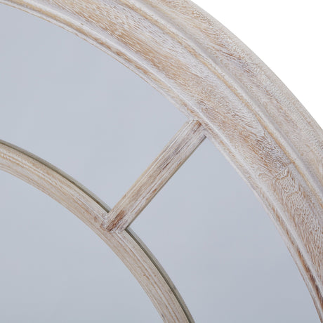 Close-up of Hill Interiors Washed Wood Framed Round Mirror in brown, showing the curved timber frame, visible grain, and windowpane-style bar detail.
