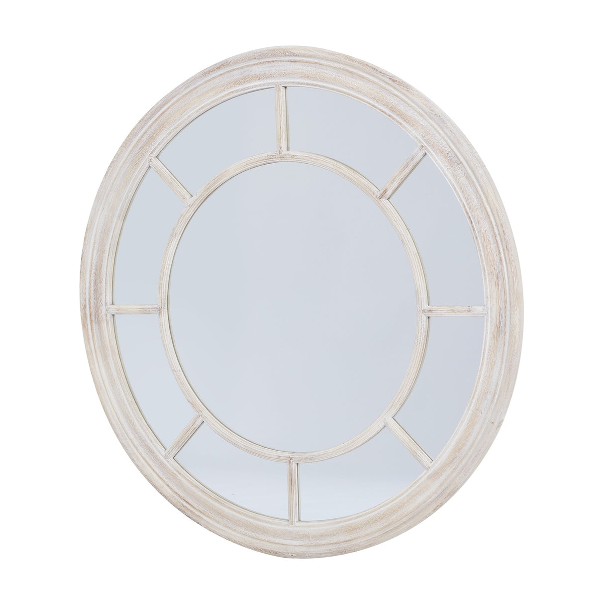 Hill Interiors Washed Wood Framed Round Wall Mirror in brown, with a segmented pane design around a central circle, shown on a plain white background.