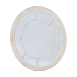 Hill Interiors Washed Wood Framed Round Wall Mirror in brown, with a segmented pane design around a central circle, shown on a plain white background.