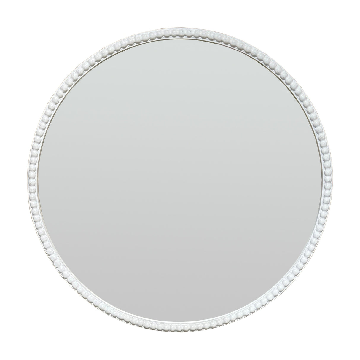 Hill Interiors Washed Wood Framed Beaded Round Wall Mirror in brown with a carved beaded edge, shown against a plain white background.