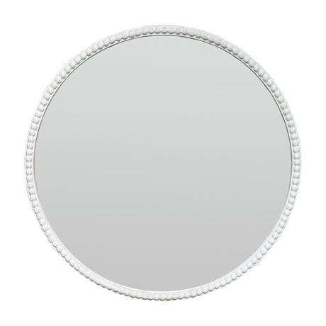 Hill Interiors Washed Wood Framed Beaded Round Wall Mirror in brown with a carved beaded edge, shown against a plain white background.