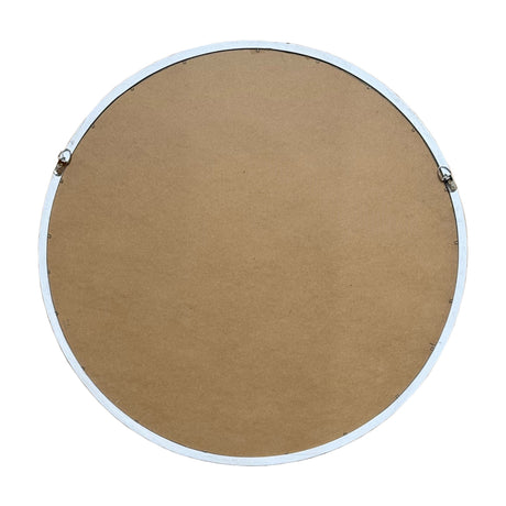 Reverse of Hill Interiors Washed Wood Framed Beaded Round Wall Mirror in brown, showing the backing board, thin frame edge and two hanging hooks.
