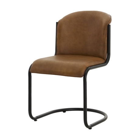 Hill Interiors Curved Leather Dining Chair in brown with a softly arched backrest, cushioned seat and black cantilever metal frame on a white background.