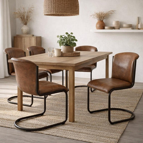 Hill Interiors Curved Leather Dining Chairs in brown with black metal cantilever frames, set around a wooden dining table in a neutral styled room.