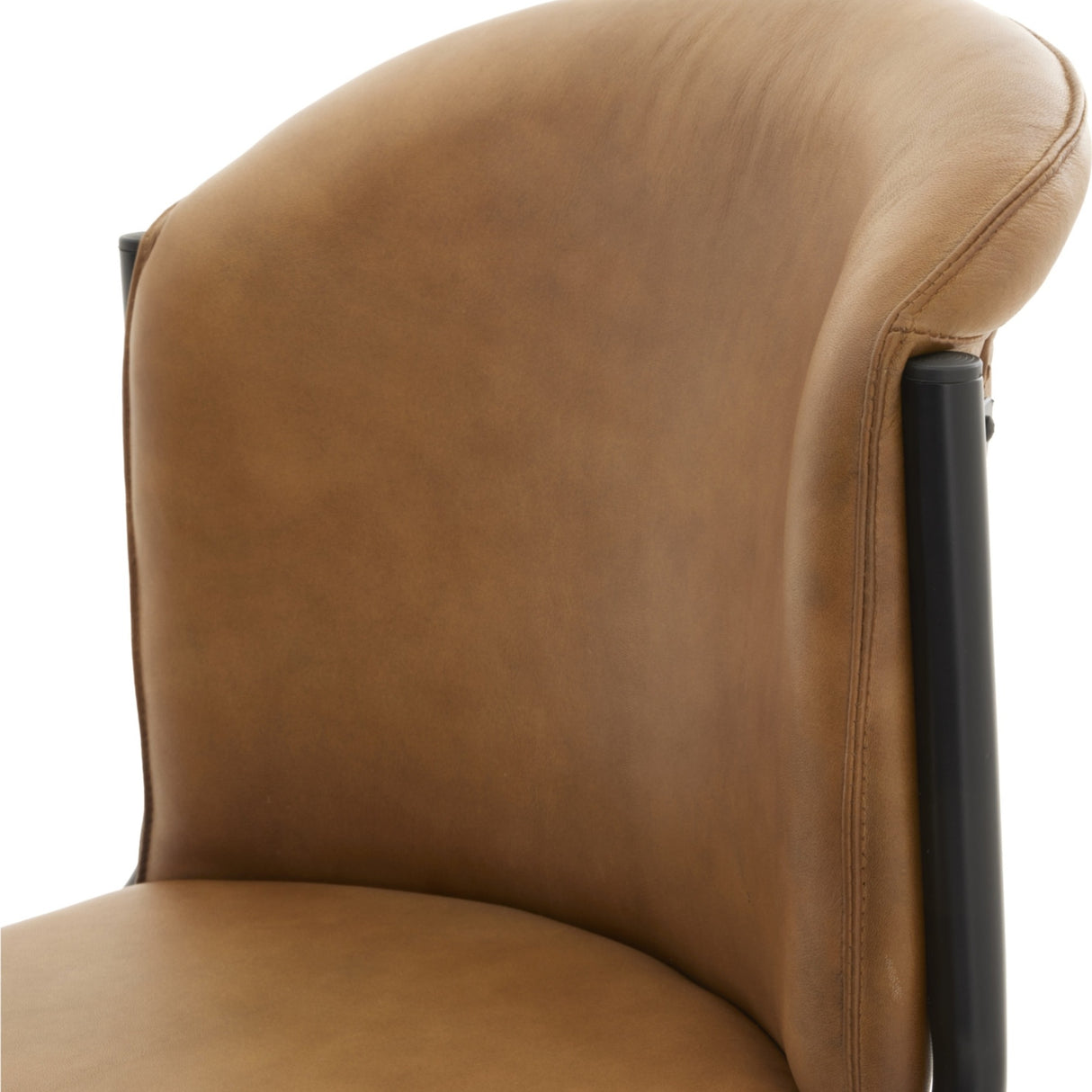 Close-up of Hill Interiors Curved Leather Dining Chair in brown, showing natural grain leather backrest and slim black metal frame on a white background.
