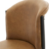 Close-up of Hill Interiors Curved Leather Dining Chair in brown, showing natural grain leather backrest and slim black metal frame on a white background.