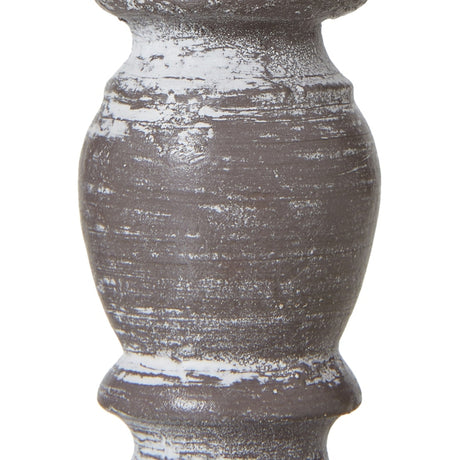Close-up of the Hill Interiors Stem Table Lamp's turned wooden base showing a distressed white finish over grey with visible brush texture and grain.
