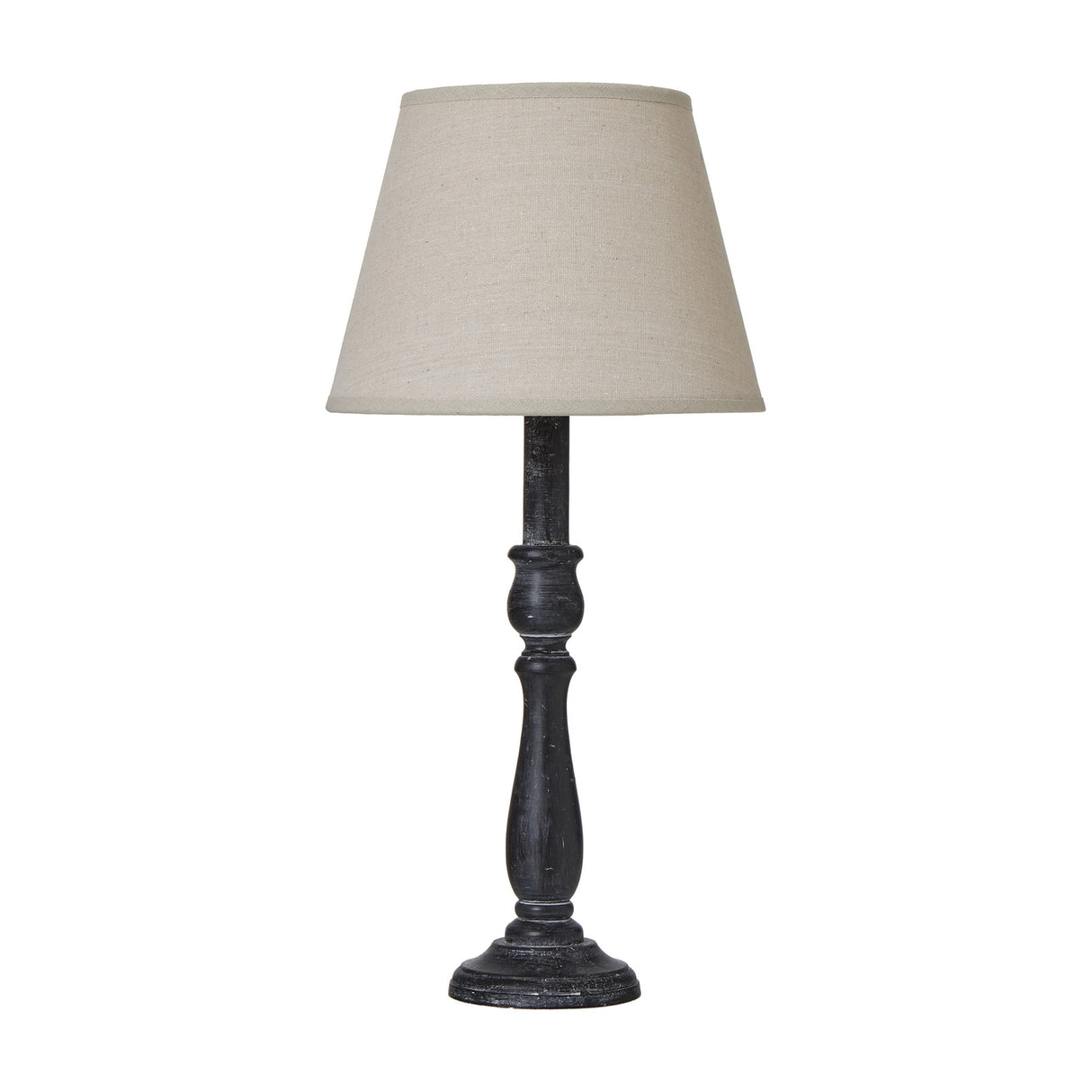 Hill Interiors Column Table Lamp with turned grey wood base and tapered natural linen shade, shown on a plain white background.