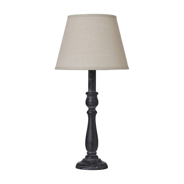 Hill Interiors Column Table Lamp with turned grey wood base and tapered natural linen shade, shown on a plain white background.