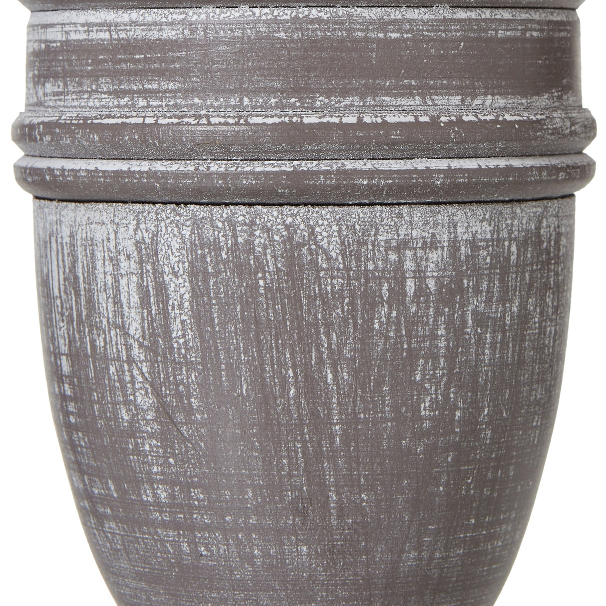 Close-up of the Hill Interiors Urn Table Lamp's turned wooden base, showing the ringed urn silhouette in a distressed white painted finish.