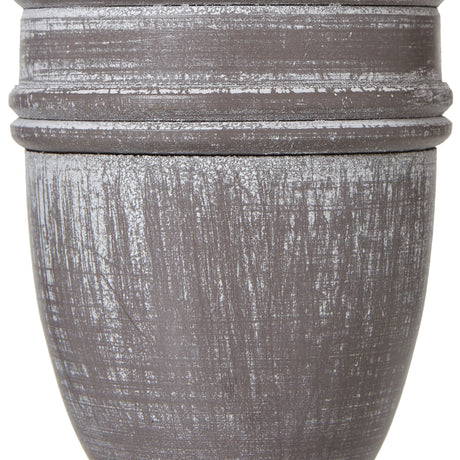 Close-up of the Hill Interiors Urn Table Lamp's turned wooden base, showing the ringed urn silhouette in a distressed white painted finish.